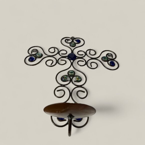 Vintage Wrought Iron Wall Cross Candle Holder – 16” x 14” with Blue & Iridescent - Picture 4 of 4